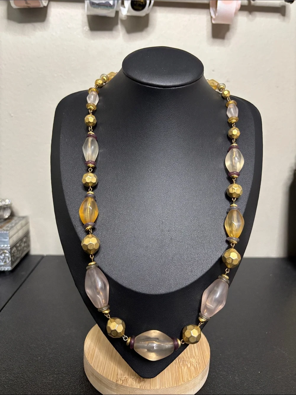 Vintage Liz Claiborne Gold and Amber Beaded Mixed Media Acrylic Metal Necklace